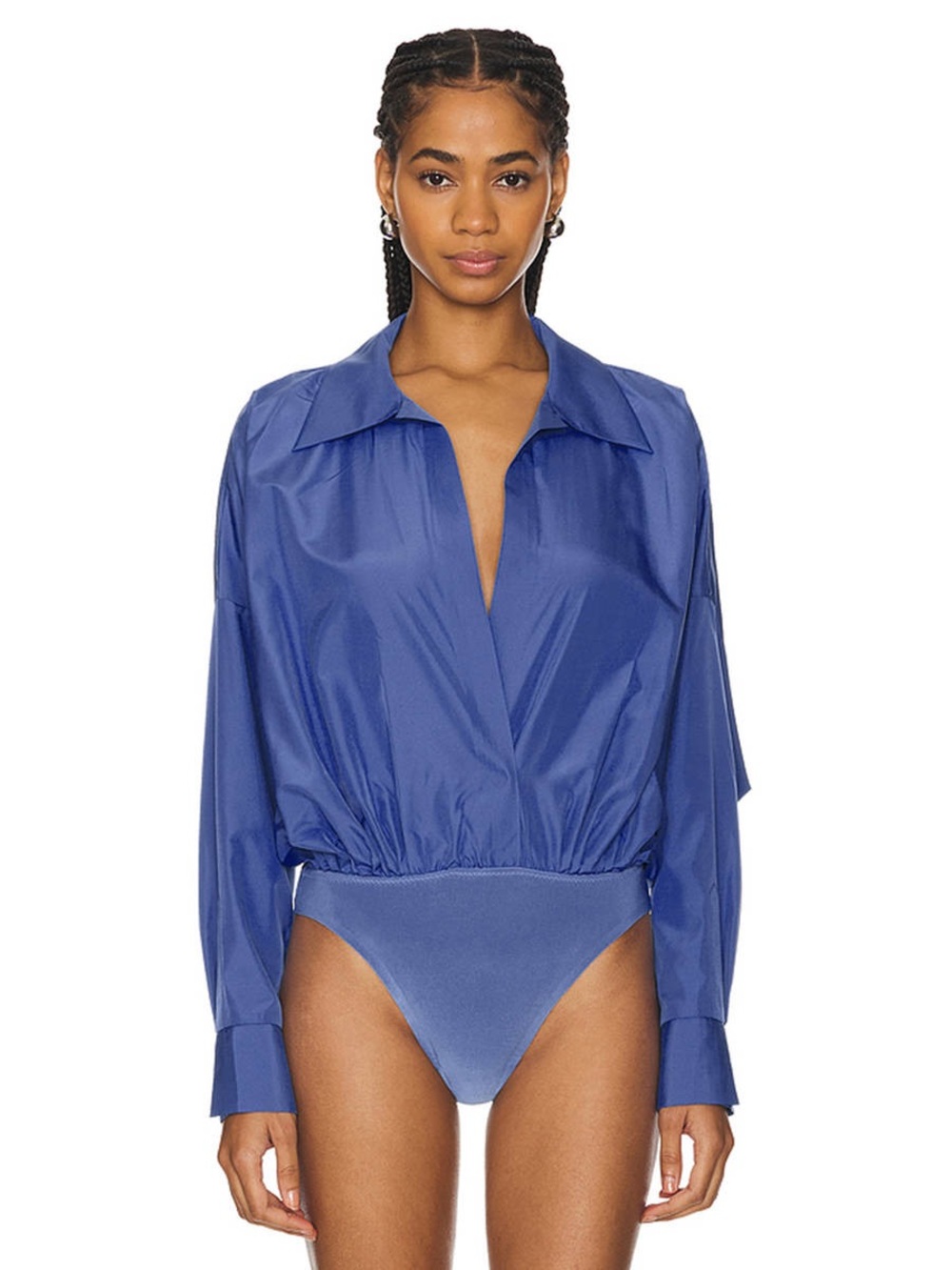 NWT Norma Kamali XXS Oversized Boyfriend Shirt Bodysuit Designer Modern Plung